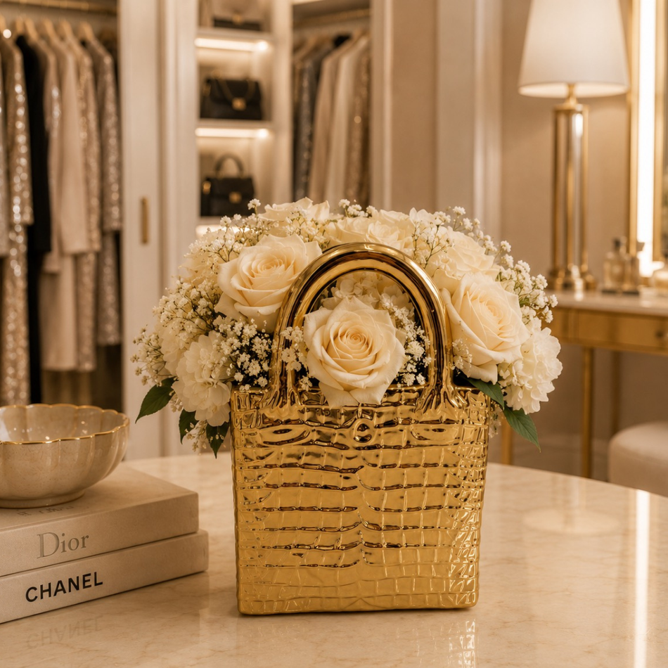 Gold Croc-Texture Tote Bag Vase 23cm – Ceramic Handbag Vase