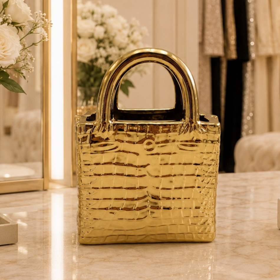 Gold Croc-Texture Tote Bag Vase 23cm – Ceramic Handbag Vase