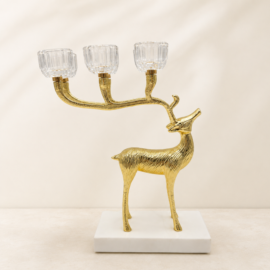 Gold Deer Candelabra 27cm – Tealight Candle Holder on Marble-Effect Base