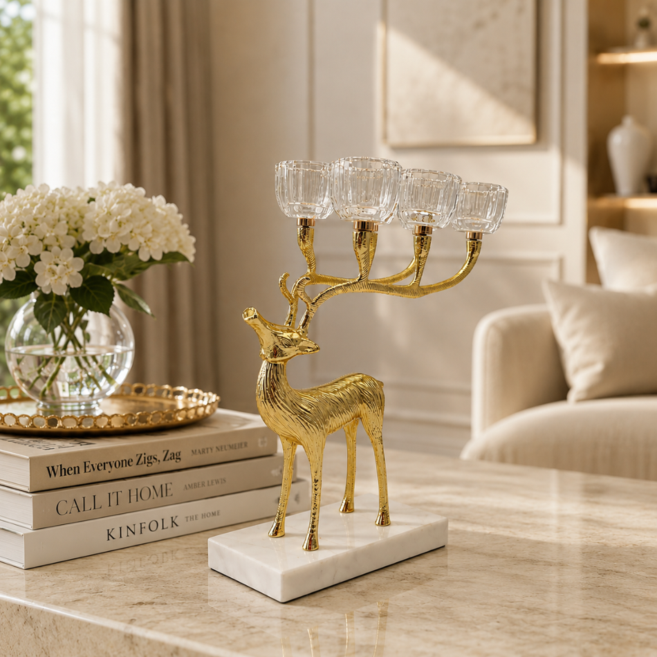 Gold Deer Candelabra 27cm – Tealight Candle Holder on Marble-Effect Base
