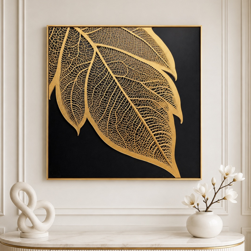 Gold Leaf Framed Wall Art 90 x 90cm Black and Gold