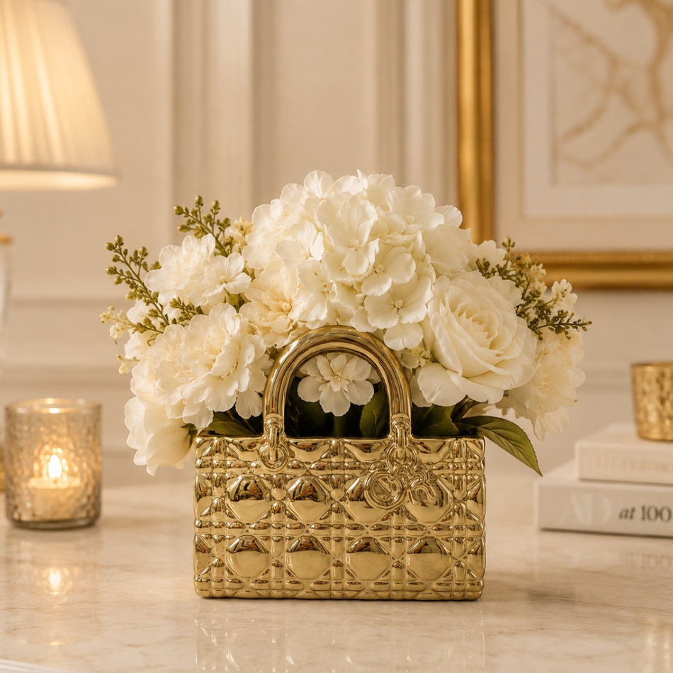 Gold Quilted Handbag Vase 17cm – Ceramic Handbag Vase