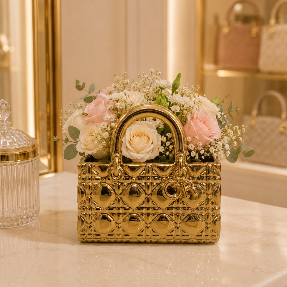 Gold Quilted Handbag Vase 22cm – Ceramic Handbag Vase