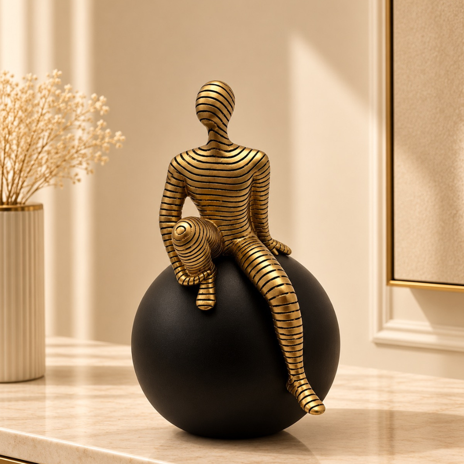 Gold Striped Figure on Black Ball 22cm – Resin Sculpture Ornament