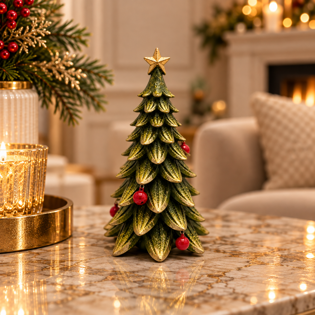 A small decorative Christmas tree with a textured green and gold leaf-like pattern, topped with a gold star and accented with red ornaments, displayed on a marble table in a cozy, warmly lit living room.