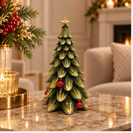 A small decorative Christmas tree with layered green and gold leaf-like scales, topped with a gold star and accented with red ornaments, displayed on a marble table in a warmly lit living room.