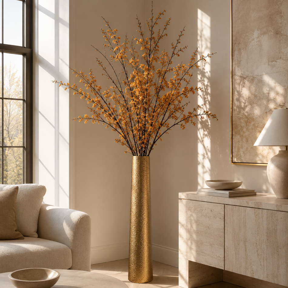 Hammered Gold Floor Vase 107cm – Tall Tapered Metal Vase
