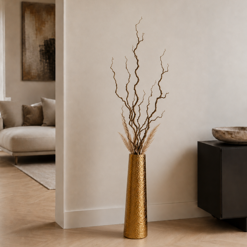 Hammered Gold Floor Vase 62cm – Tapered Metal Vase