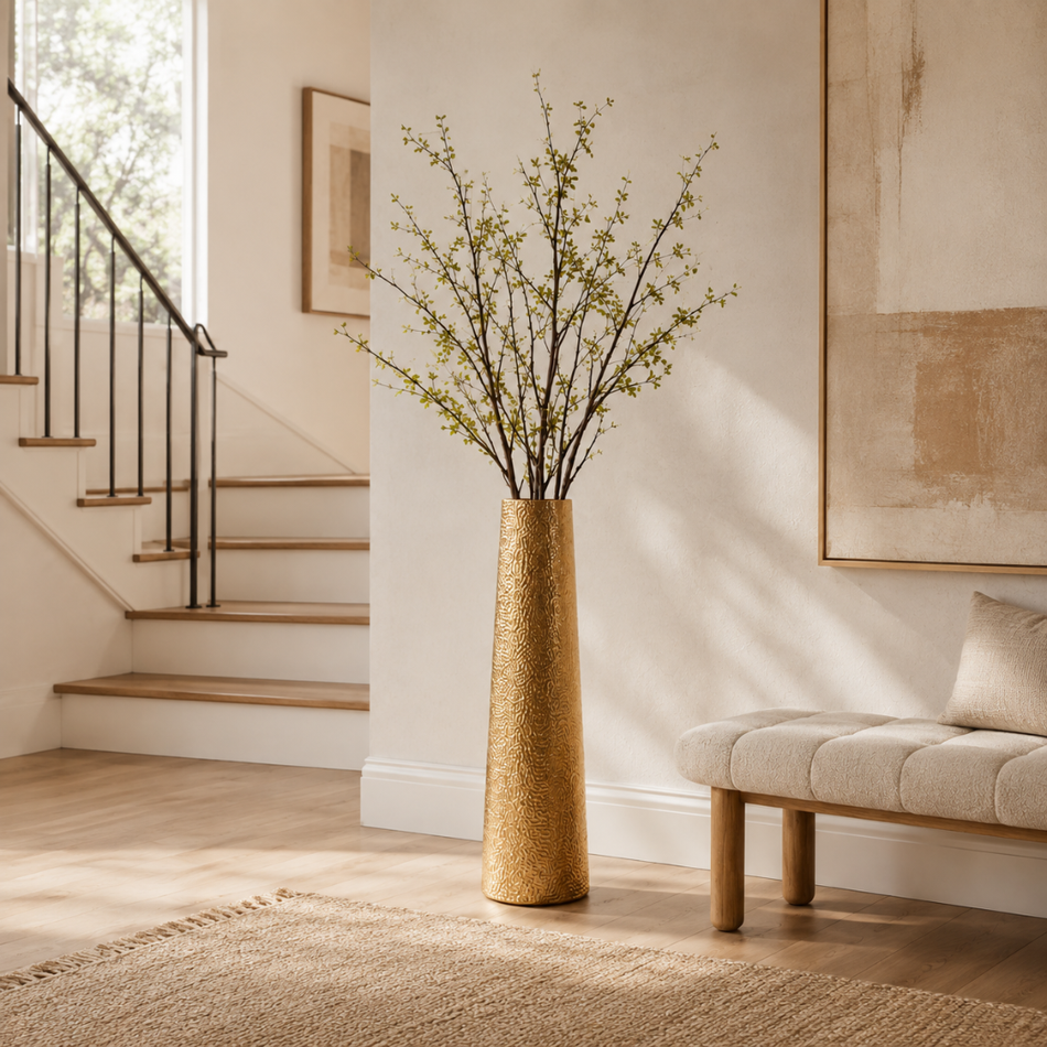 Hammered Gold Floor Vase 86cm – Tall Tapered Metal Vase