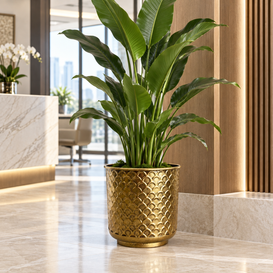 Hammered Gold Office Planter Pot 24cm Metal Plant Pot