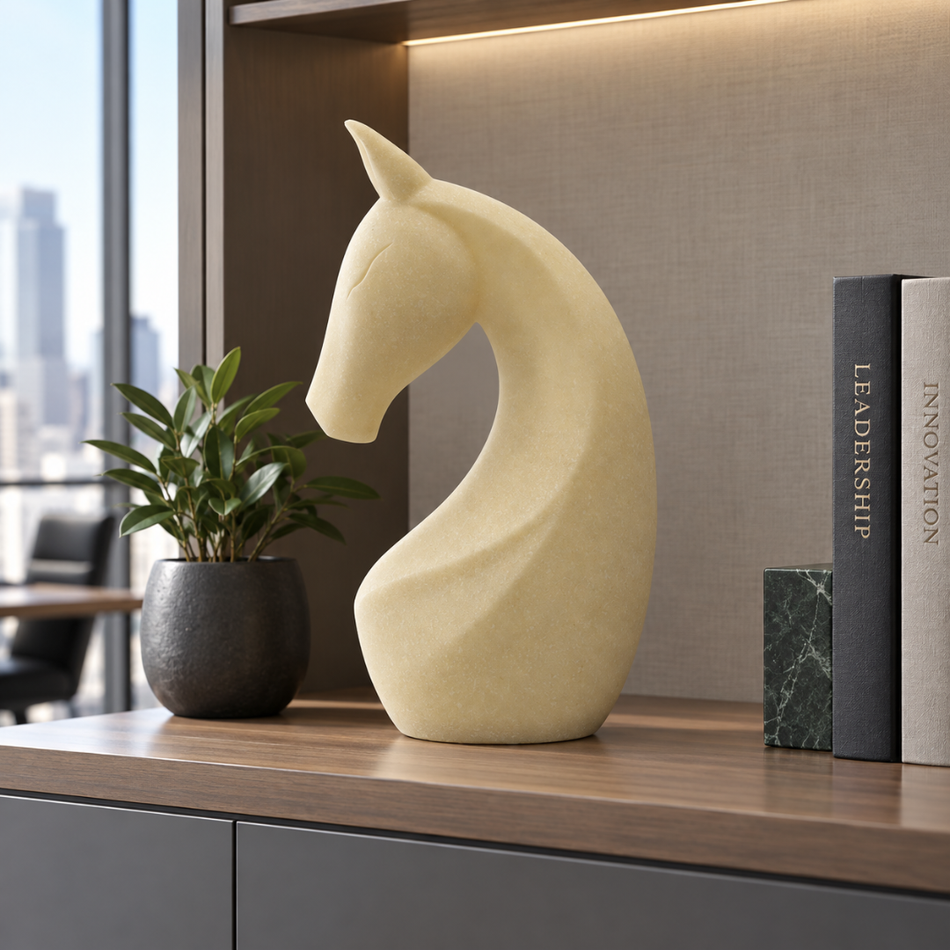 Horse Head Sculpture 34cm Cream Marble Effect Office Ornament