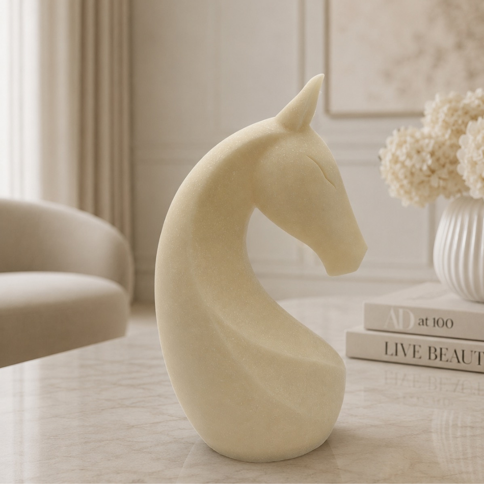 Horse Head Sculpture 34cm – Cream Marble-Effect Ornament
