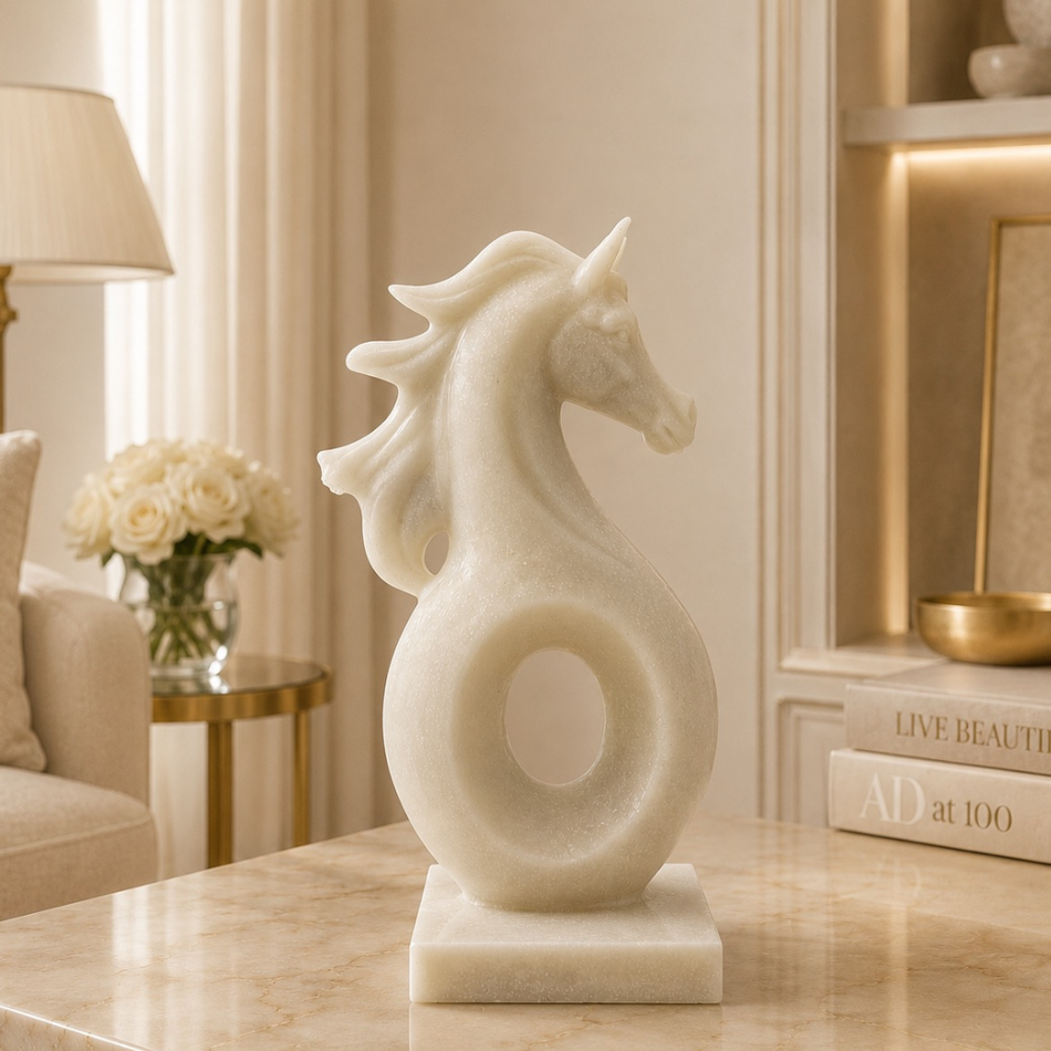 Horse Sculpture with Flowing Mane 35cm – White Marble-Effect Ornament