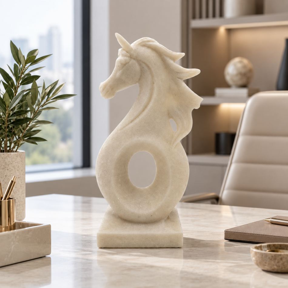 Horse Sculpture with Flowing Mane 35cm – Office Ornament, White Marble Effect