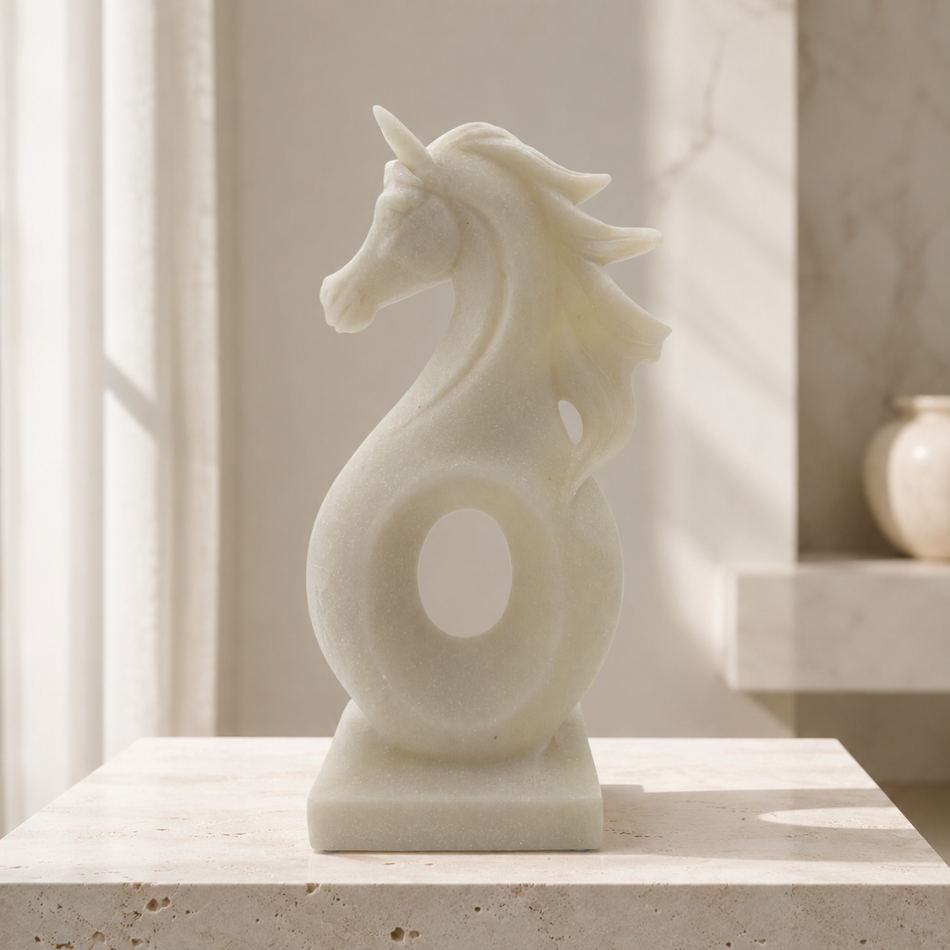 Horse Sculpture with Flowing Mane 35cm – White Marble-Effect Ornament