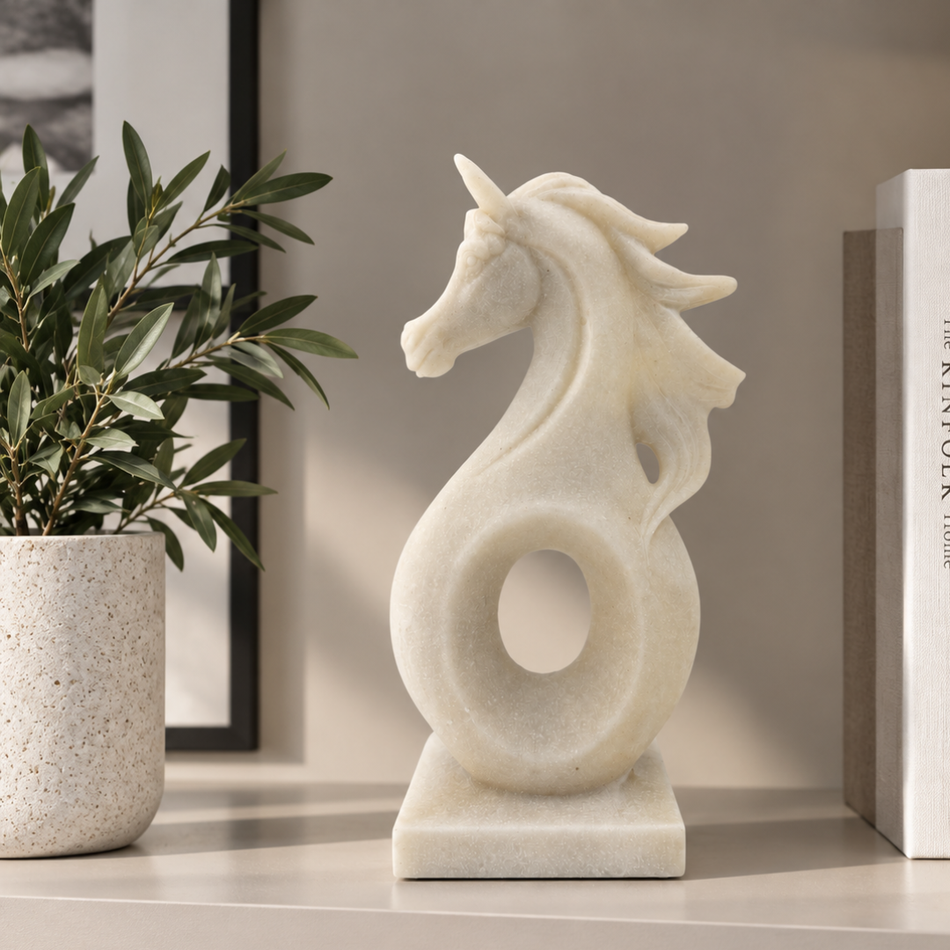 Horse Sculpture with Flowing Mane 35cm – Office Ornament, White Marble Effect