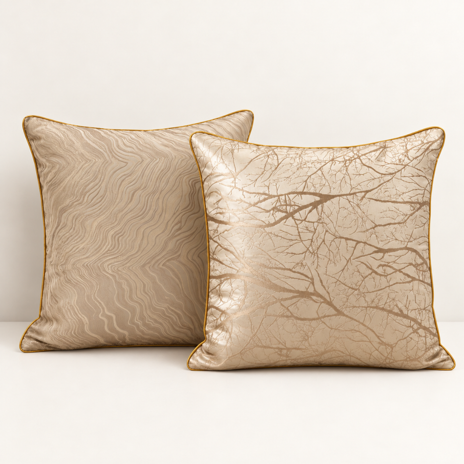 Jacquard Cushion Gift Set of 2 with Pads 45 x 45cm Cream and Gold