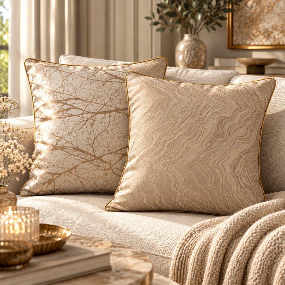 Jacquard Cushion Gift Set of 2 with Pads 45 x 45cm Cream and Gold