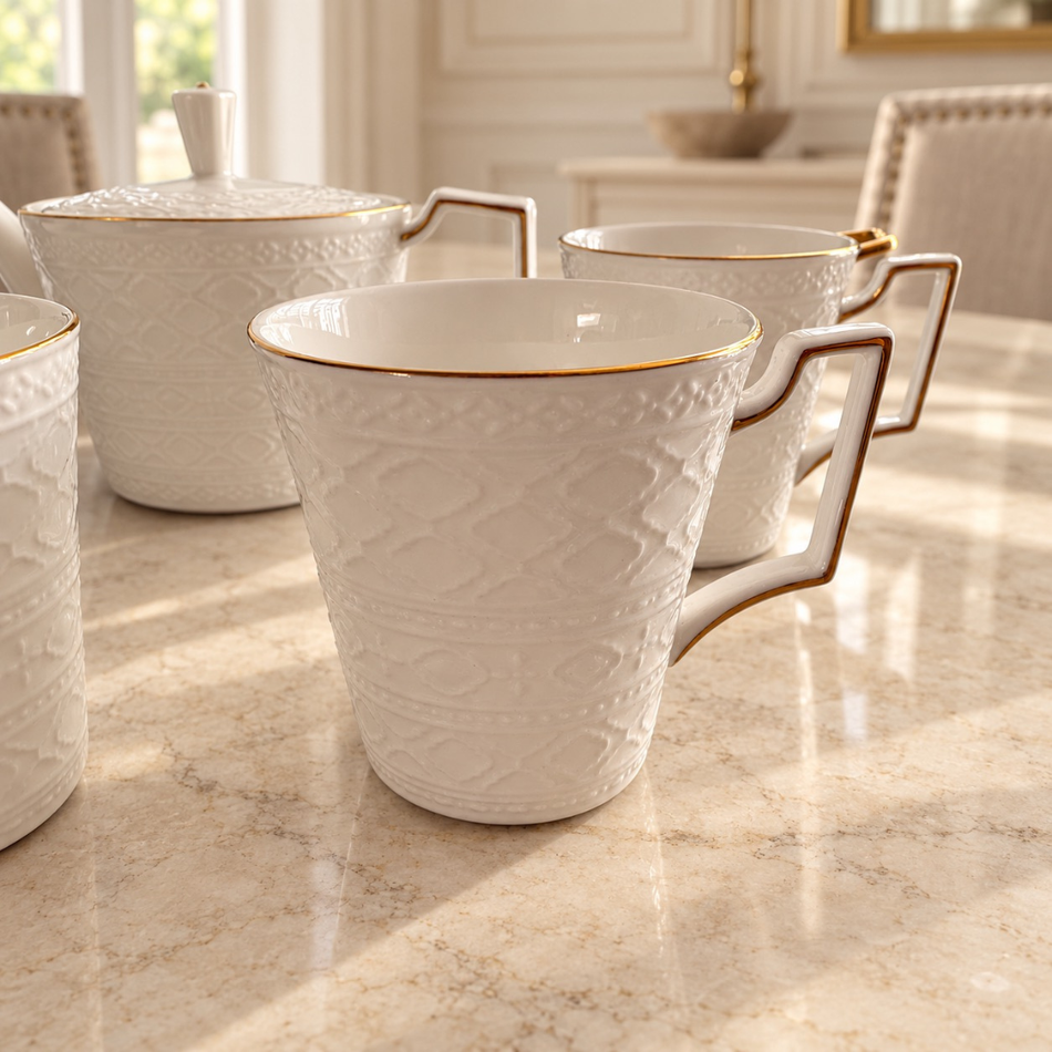 White Lace Porcelain Tea & Coffee Set for 6 with Tray