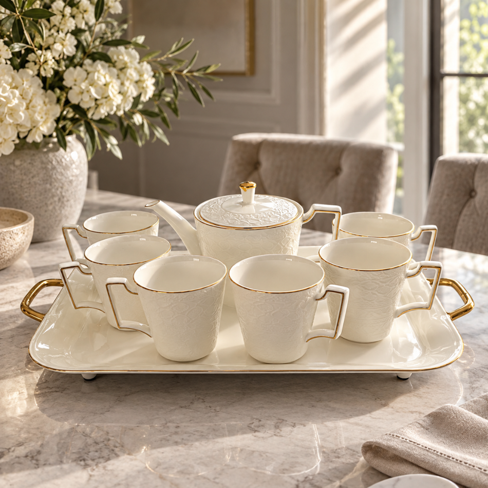White Lace Porcelain Tea & Coffee Set for 6 with Tray