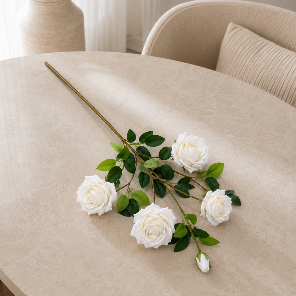Artificial Long Stem White Rose Spray with 4 Blooms & Bud