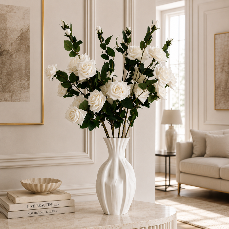 Artificial Long Stem White Rose Spray with 4 Blooms & Bud