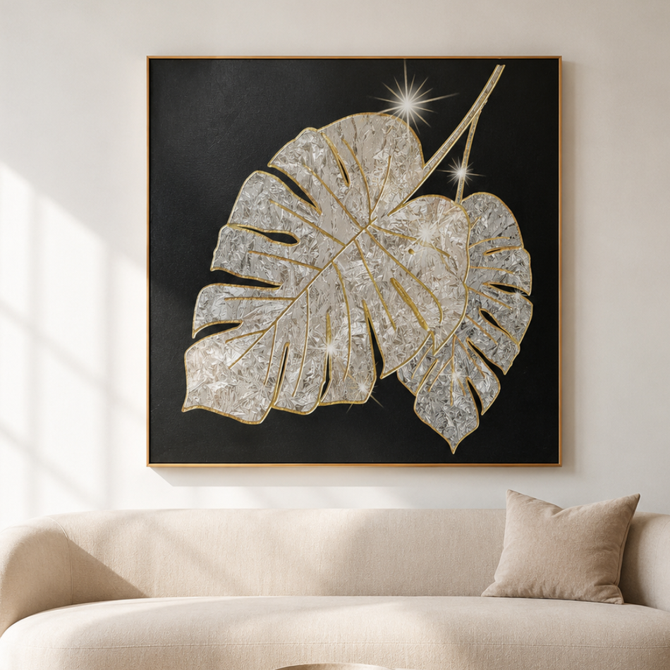 Monstera Leaf Framed Wall Art 90 x 90cm Black and Gold