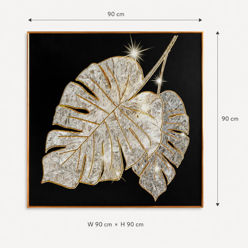 Monstera Leaf Framed Wall Art 90 x 90cm Black and Gold