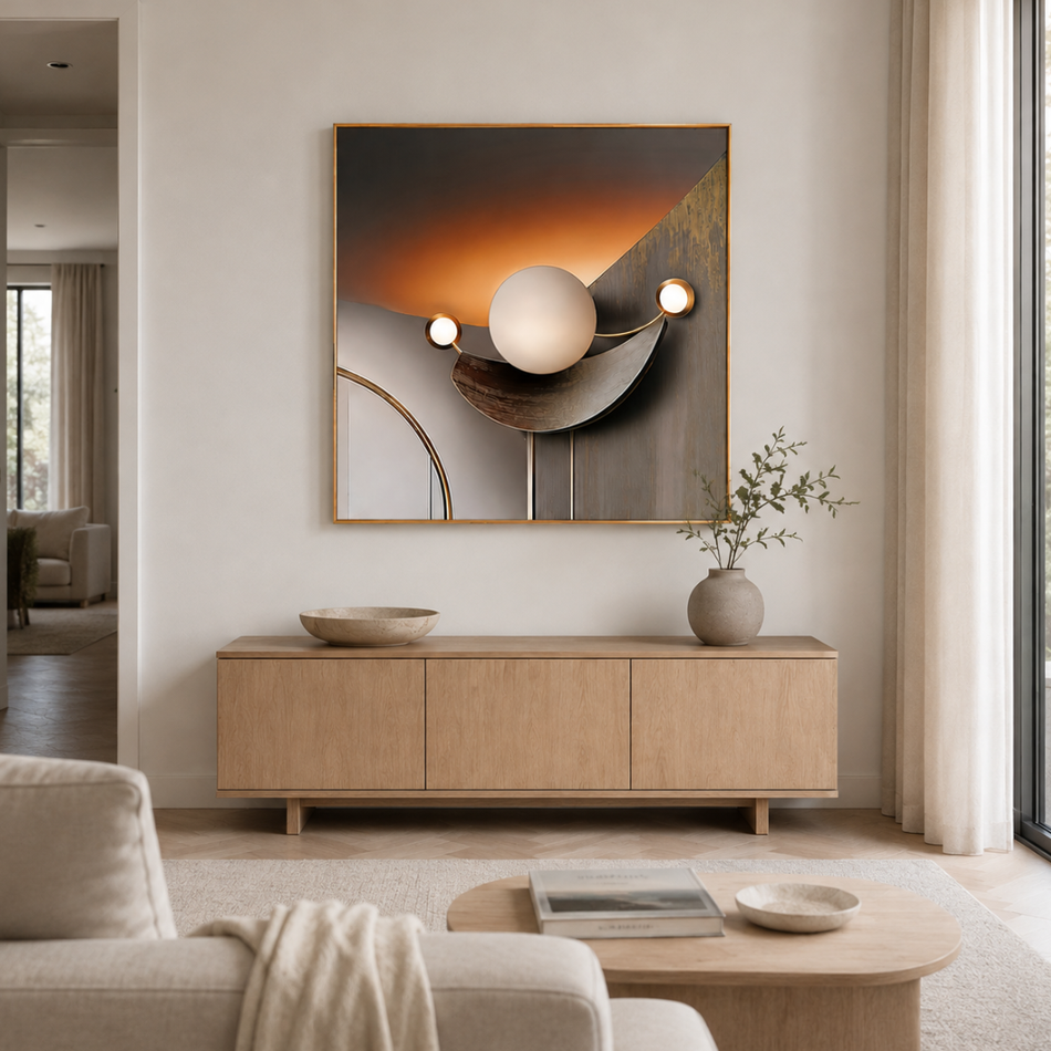 Modern Balance Wall Framed Art 90 x 90cm Bronze and Gold
