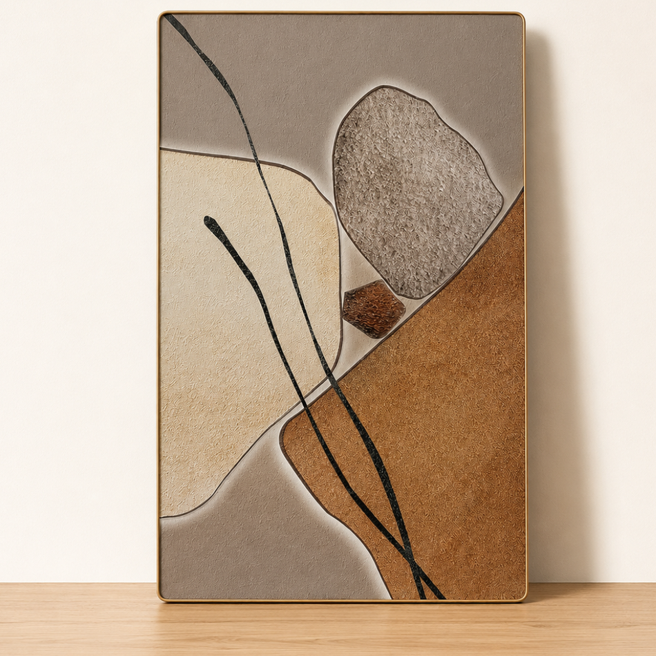 Organic Forms Textured Framed Wall Art 60 x 90cm Tan and Cream