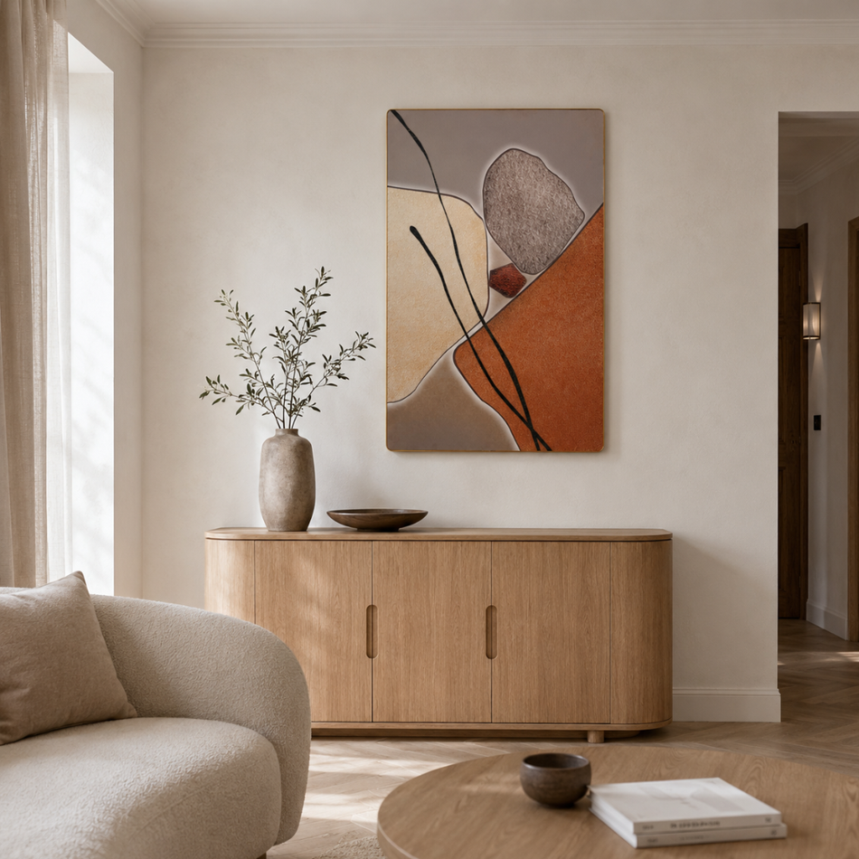 Organic Forms Textured Framed Wall Art 60 x 90cm Tan and Cream