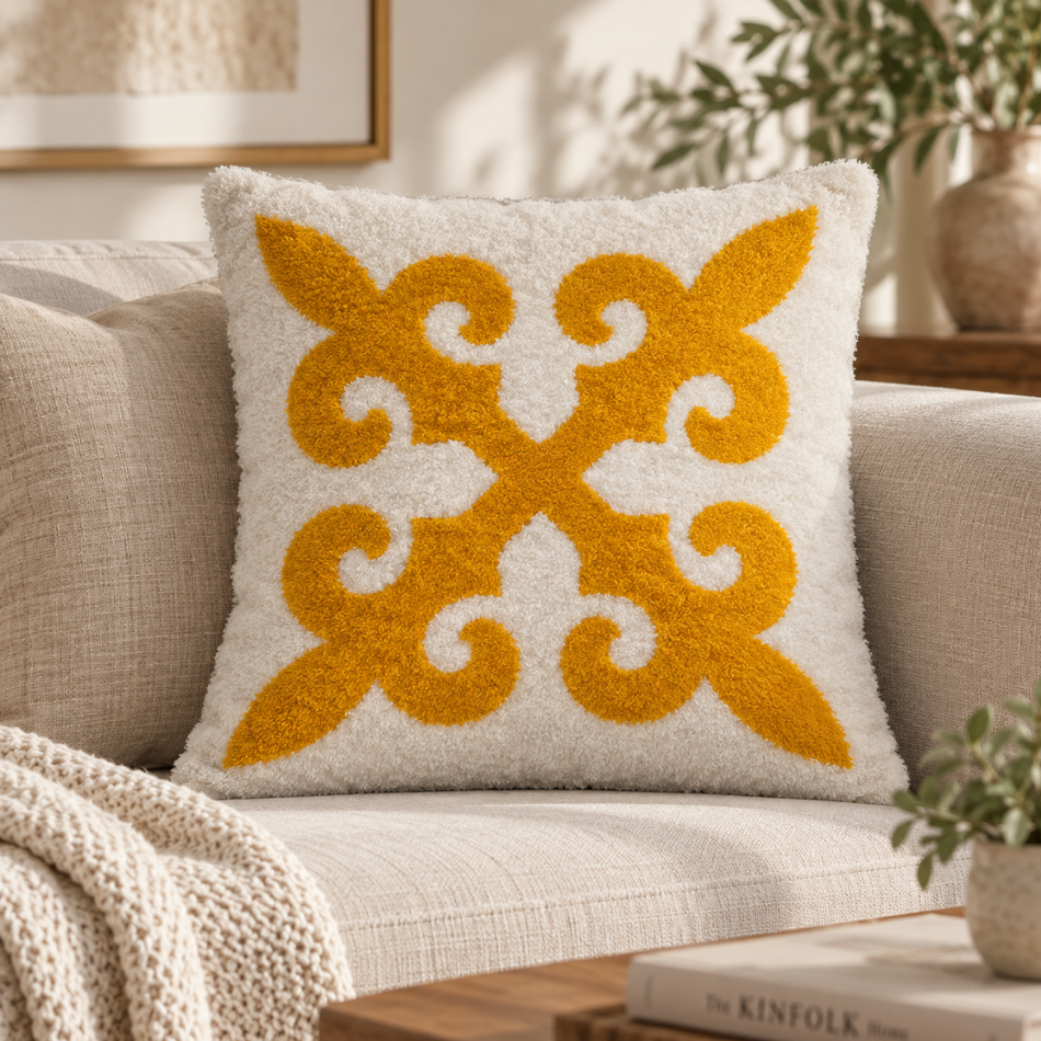 Ornamental Scroll Cushion Cover 45 x 45cm Mustard Yellow and Cream