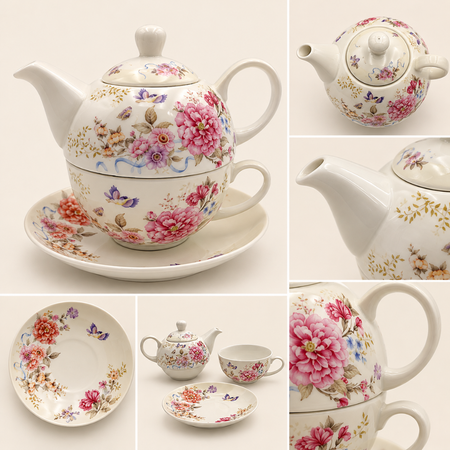 Pink floral tea for one set details: teapot, lid, cup, saucer and floral pattern