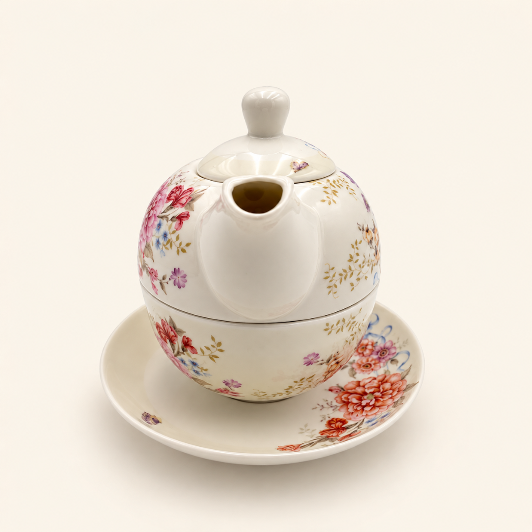 Front view of the pink floral teapot stacked on its cup and saucer