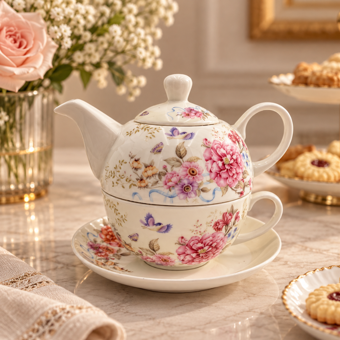 Pink floral tea for one set stacked on its saucer on a marble table with roses