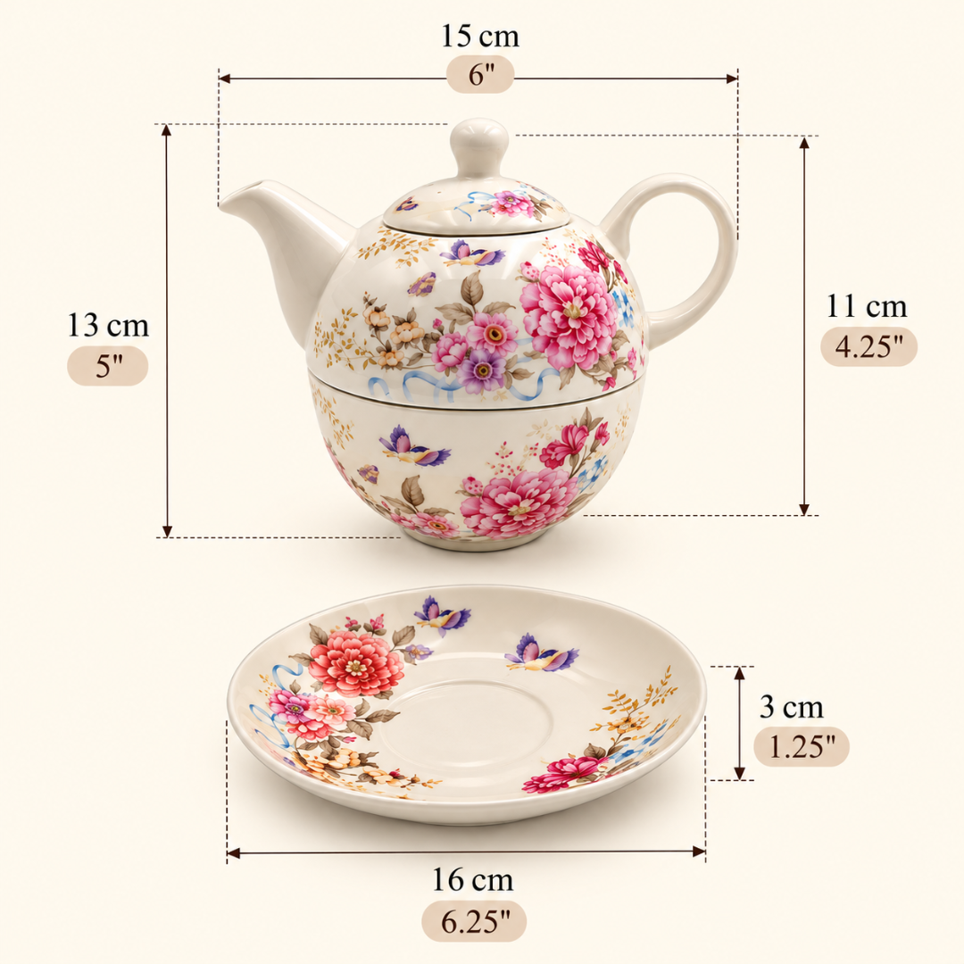 Pink floral tea for one set dimensions: teapot 13cm tall and 15cm wide, saucer 16cm wide and 3cm deep