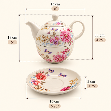Pink floral tea for one set dimensions: teapot 13cm tall and 15cm wide, saucer 16cm wide and 3cm deep