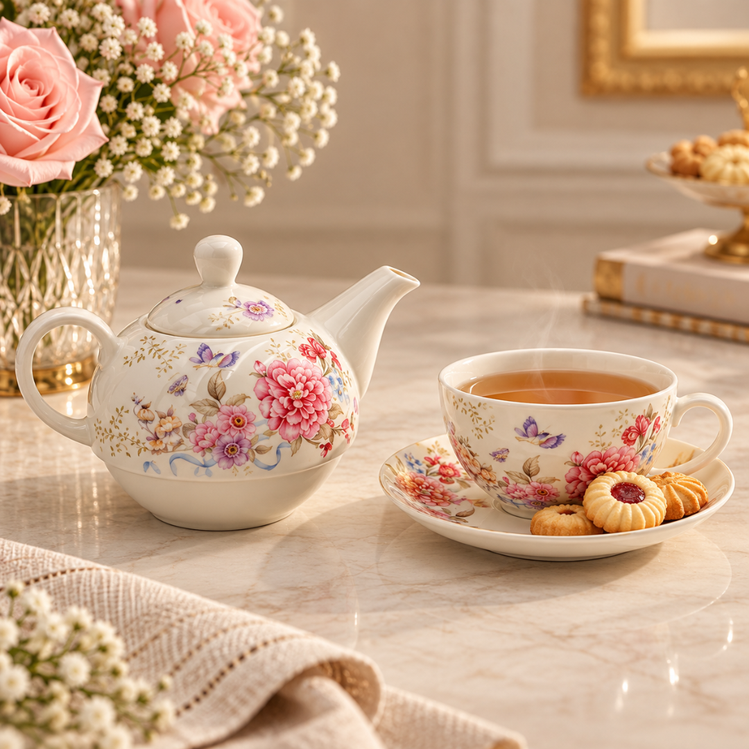 Pink floral teapot beside its cup of tea and saucer with biscuits
