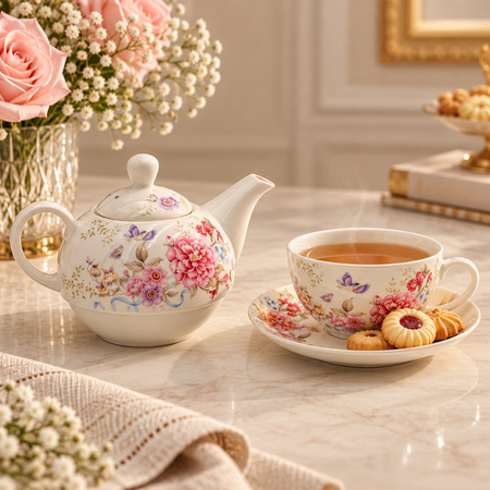 Pink floral teapot beside its cup of tea and saucer with biscuits