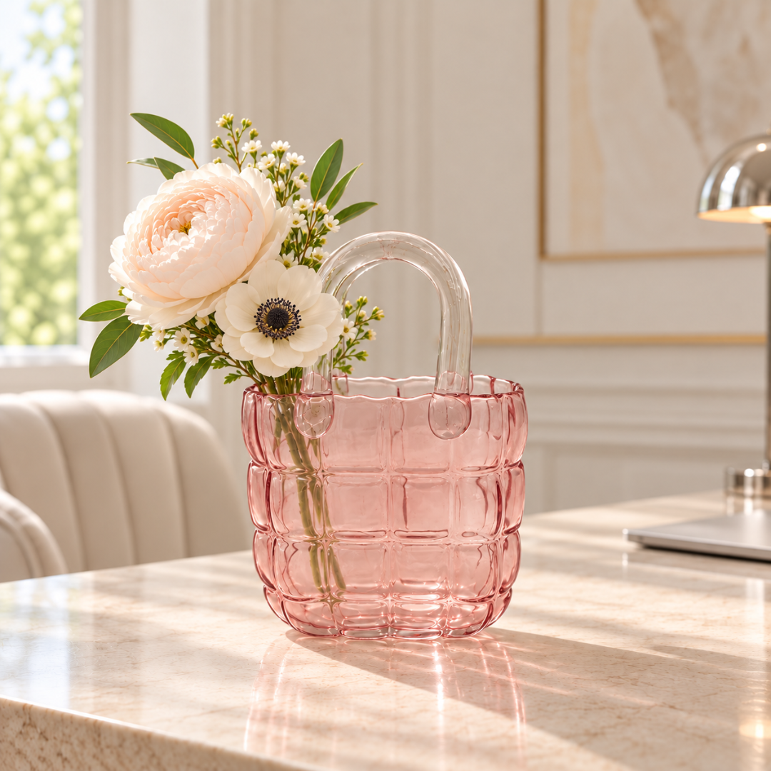 Small 22cm pink quilted glass handbag vase with a peony and anemone on a marble table