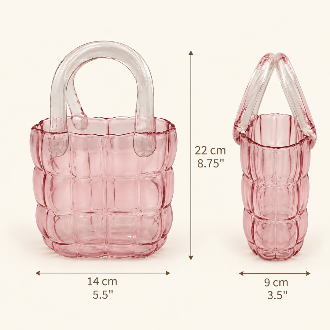 Small pink quilted glass handbag vase dimensions: 22cm tall, 14cm wide, 9cm deep