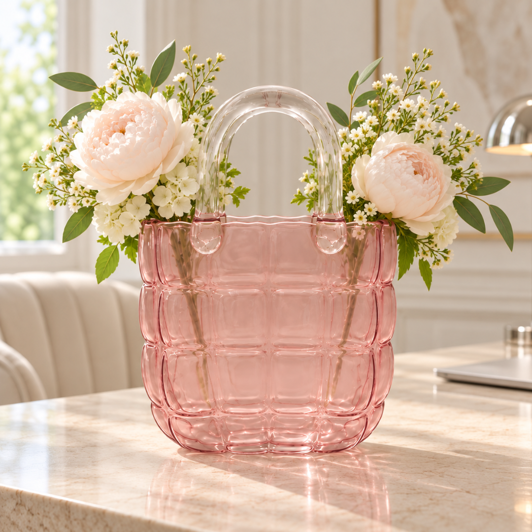 Large 28cm pink quilted glass handbag vase with peonies and greenery on a marble console