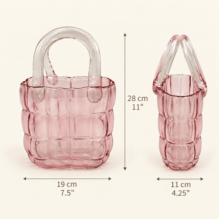 Large pink quilted glass handbag vase dimensions: 28cm tall, 19cm wide, 11cm deep