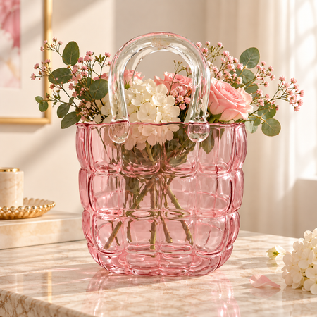 Pink quilted glass handbag vase with clear handles, filled with roses and gypsophila on a marble table