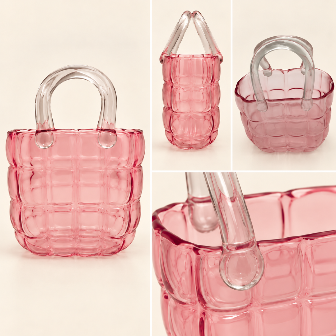 Pink quilted glass handbag vase details: front, side, top and close-up of the clear handle