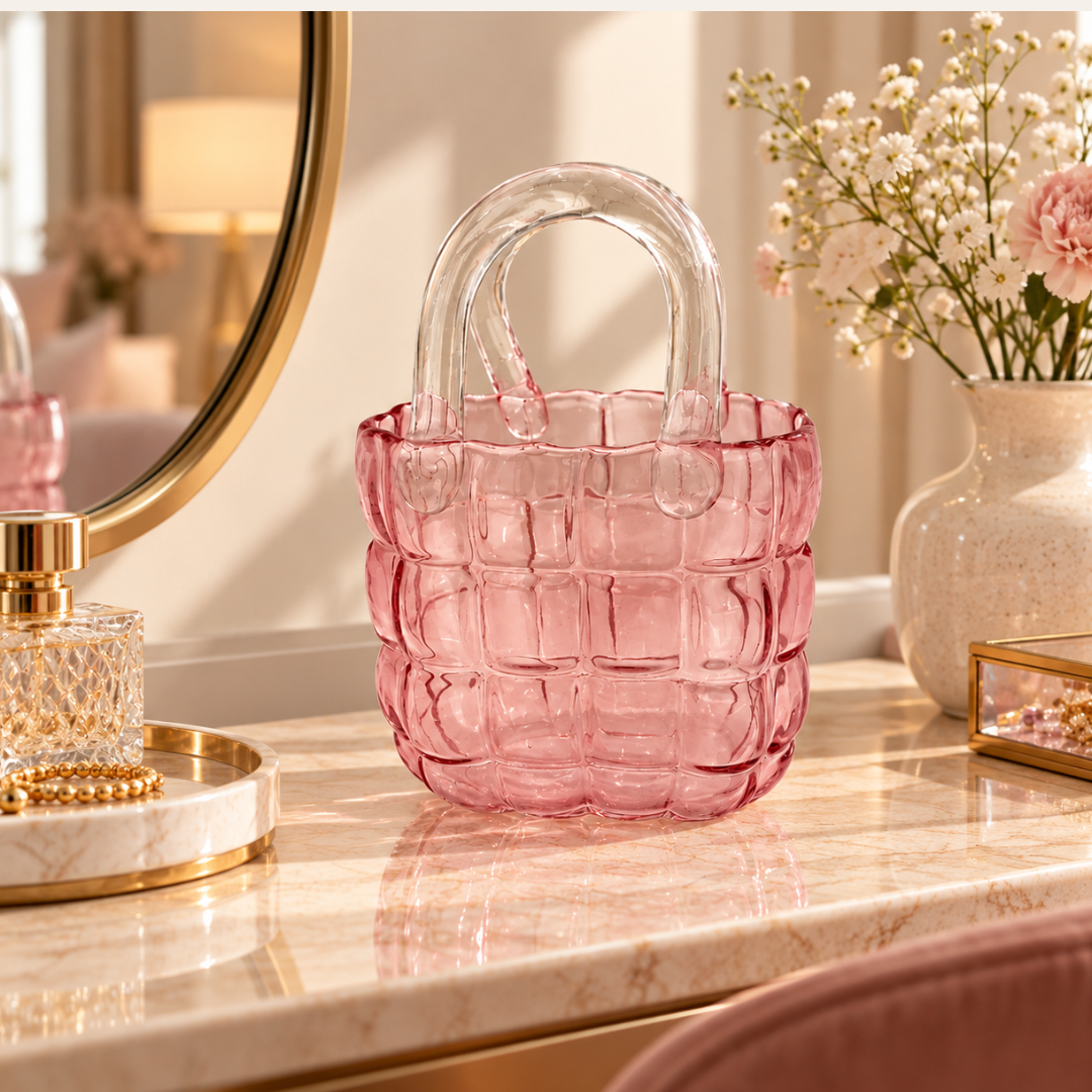 Pink quilted glass handbag vase on a dressing table beside a gold tray and perfume bottles