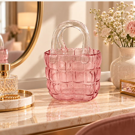 Pink quilted glass handbag vase on a dressing table beside a gold tray and perfume bottles