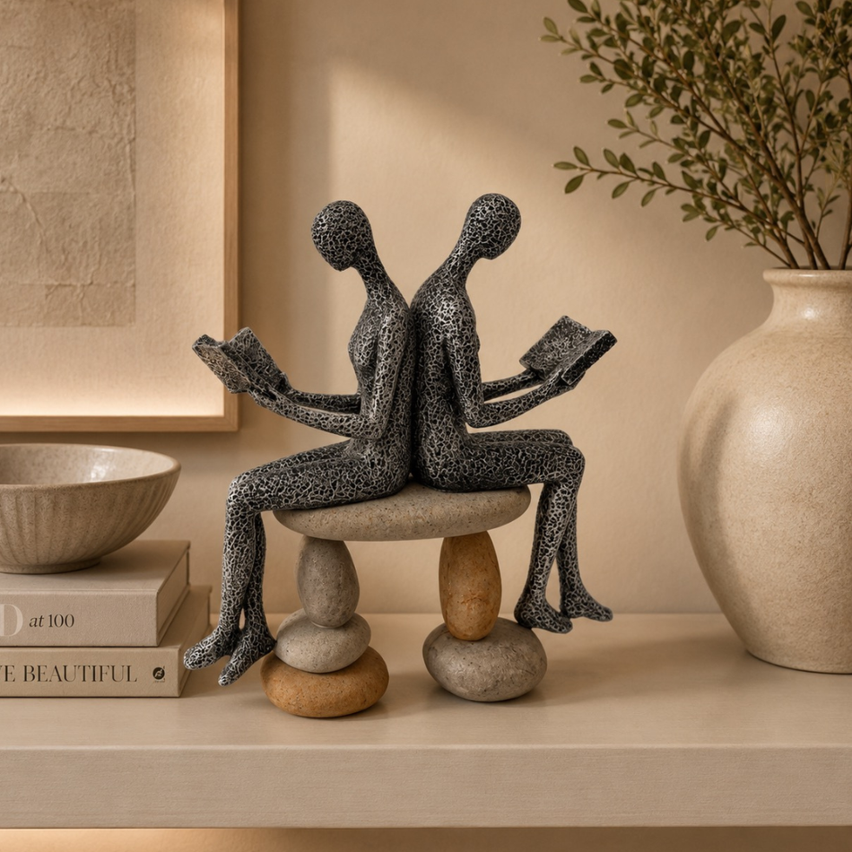 Reading Couple on Pebble Stack 20cm - Antique Resin Figurine Ornament