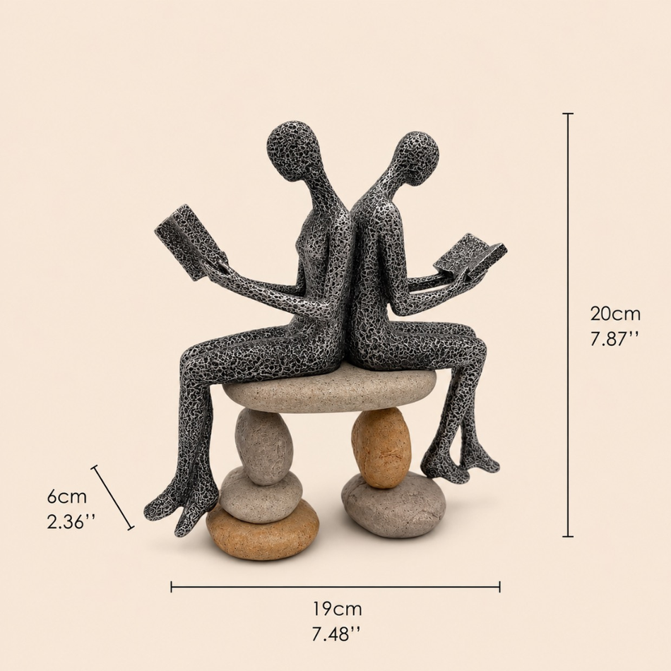 Reading Couple on Pebble Stack 20cm - Antique Resin Figurine Ornament