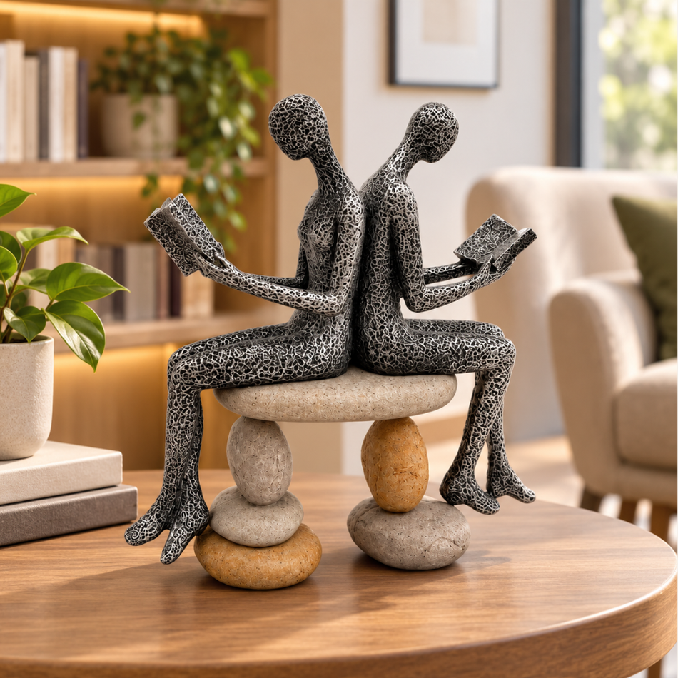 Reading Couple on Pebble Stack 20cm Office Shelf Ornament